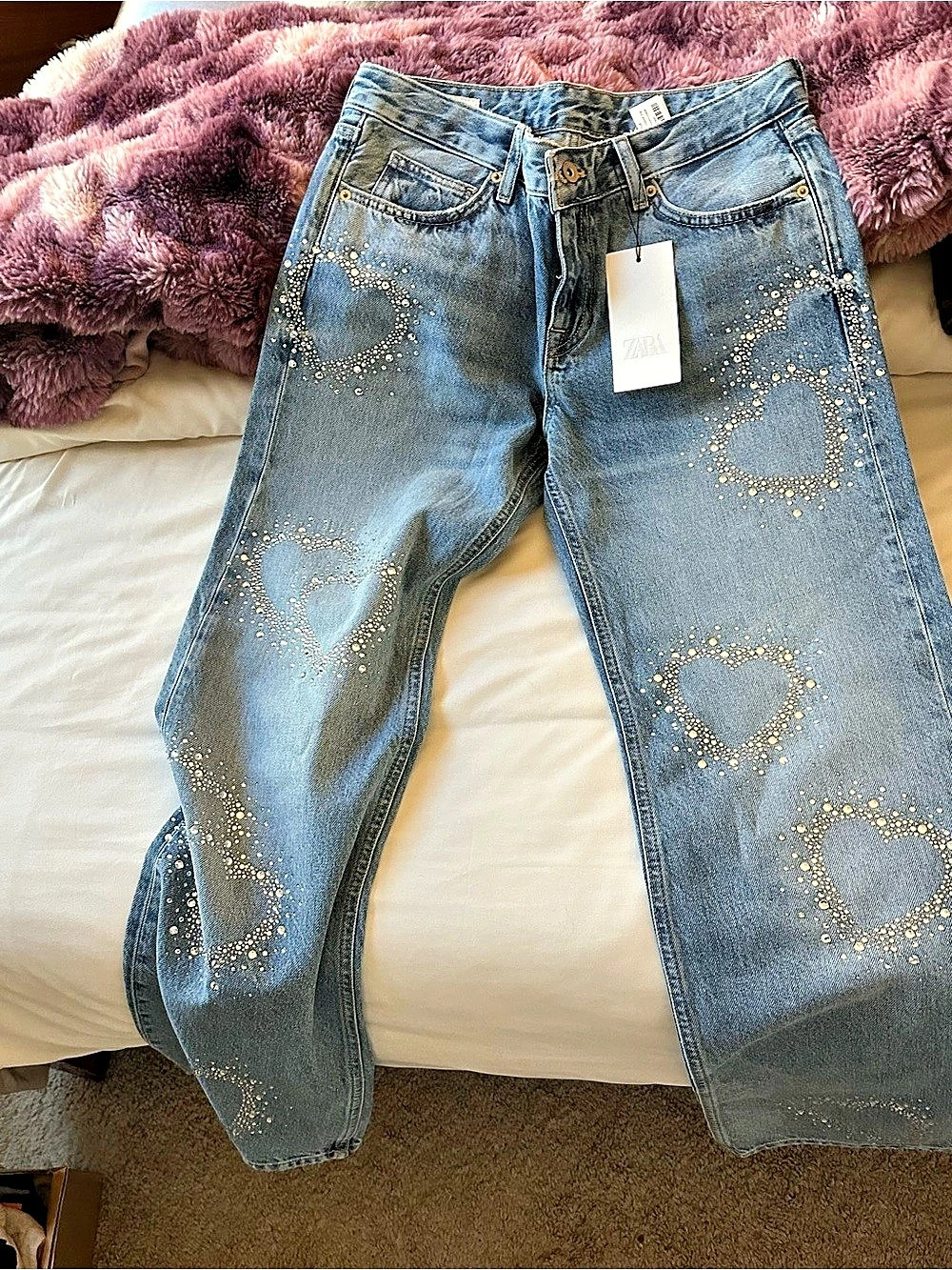 NEW WITH TAGS Zara TRF Wide-Leg Low-Rise Rhinestone Jeans Blue & Gold US 4